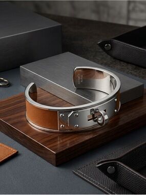 Authentic Hermes Tan Leather and Silver Cuff Bracelet